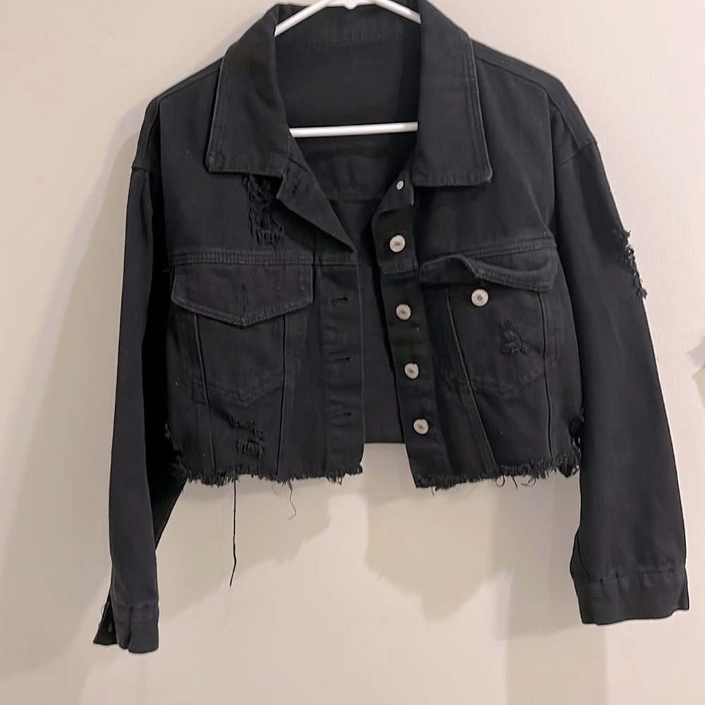 Distressed jean jacket, ripped jean jacket, black jean jacket, cropped jean jack